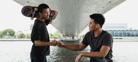 skateboard guys underpass doing a fist bump non sexual touch and porn recovery